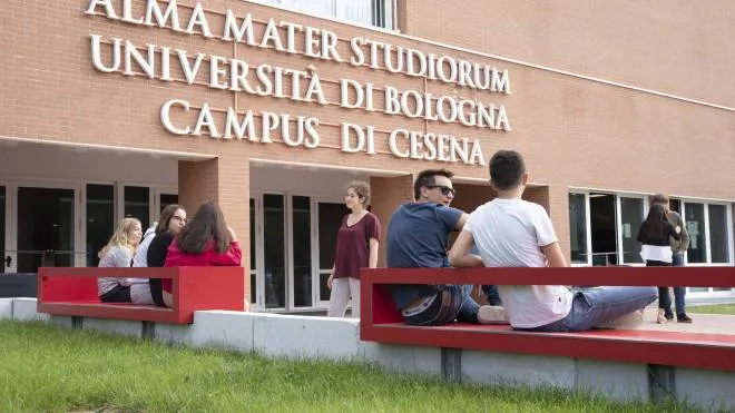 Sopra, alcuni ragazzi nelle strutture del campus cesenate. Sotto, la foto di Carlotta Lombardi al campus di Forlì