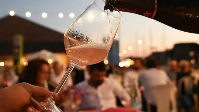 Un calice di spumante rosé e bottiglia durante una degustazione di vino
