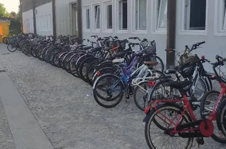 La sfilata di biciclette parcheggiate all’esterno delle scuole medie