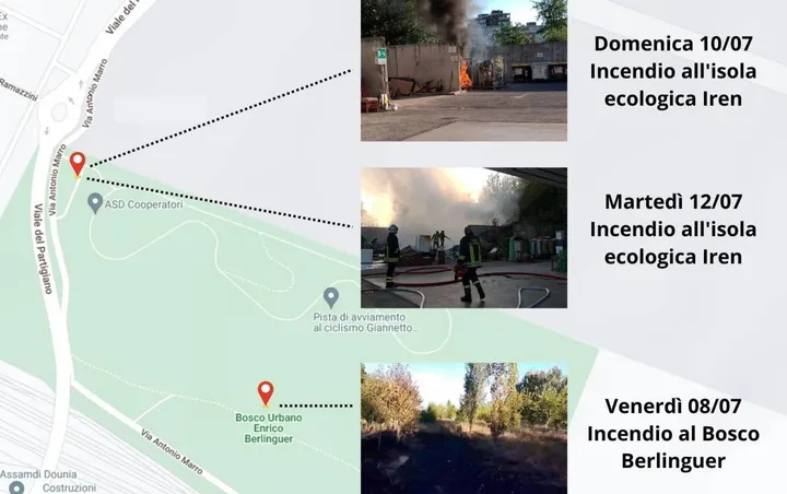 La mappatura e le date degli incendi verificatisi nell’ultima settimana, tutti nella zona attigua al Campovolo