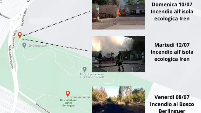 La mappatura e le date degli incendi verificatisi nell’ultima settimana, tutti nella zona attigua al Campovolo