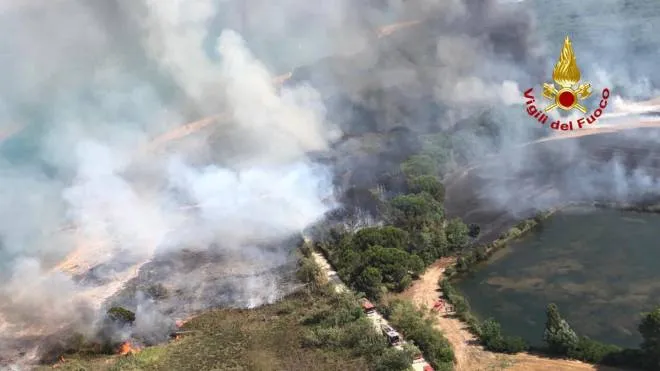 Il vasto incendio che è divampato in una zona boschiva e periferica di Bibione (Venezia), 15 luglio 2022. 