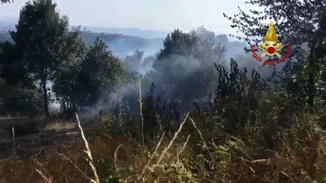 I vigili del fuoco al lavoro per spegnere un incendio sviluppatosi in un'area boschiva sopra l'abitato di Molvena, sulle colline del vicentino, 20 luglio 2022. ANSA/ UFFICIO STAMPA VIGILI DEL FUOCO ++HO - NO SALES EDITORIAL USE ONLY++
