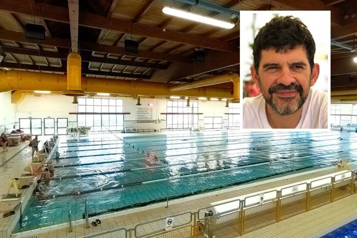 La piscina comunale di via Melato e nel riquadro Luca Bosi, il gestore della Nuova Sportiva coop