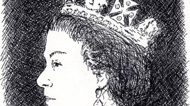 Il ritratto a china su cartoncino avorio. della regina Elisabetta firmato da Sergio Poletti