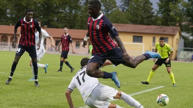 Un contrasto di gioco durante il match Imolese-Siena al Galli terminata 0-4; i rossoblù di mister Antonioli non sono mai stati in partita (foto Isolapress)