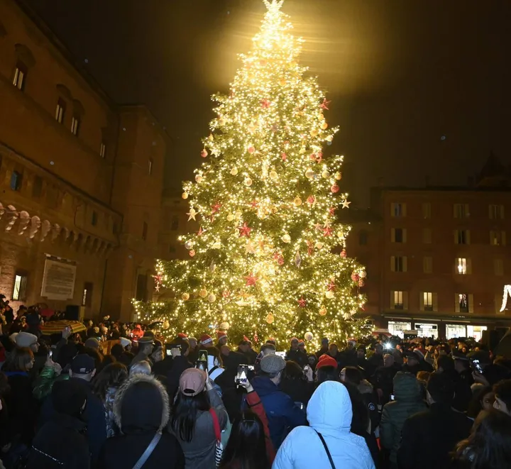 Piazza Nettuno era gremita, ieri sera, per l’accensione dell’albero di Natale