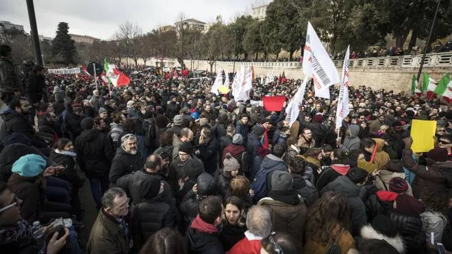 Demonstrators during an anti-racism rally in Macerata, 10 February 2018. Few days ago an Italian Luca Trani shot with a gun on several coloured people down the streets of Macerata. ANSA/MASSIMO PERCOSSI