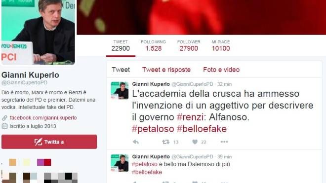 Una citazione anche sul seguitissimo profilo fake di Gianni Cuperlo (Foto da Twitter)