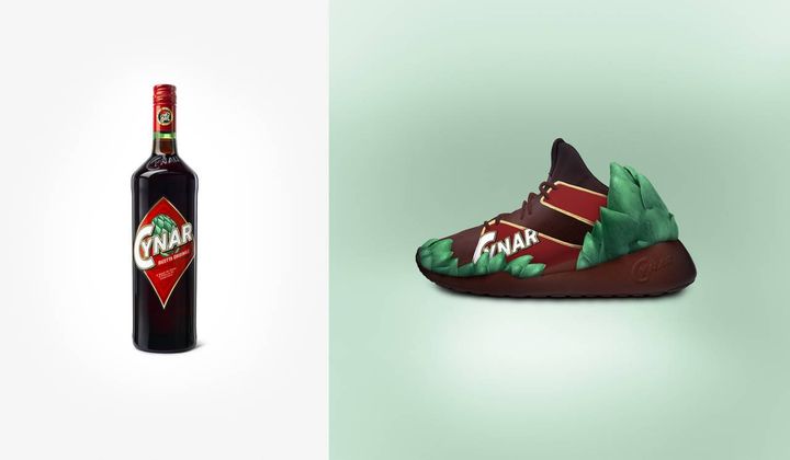 «Sneakered», il progetto di Gianluca Gimini, grafico e product designer imolese, ispirato ai marchi del passato, per ripensare sneaker celebri: le sneaker Cynar, il liquore digestivo 