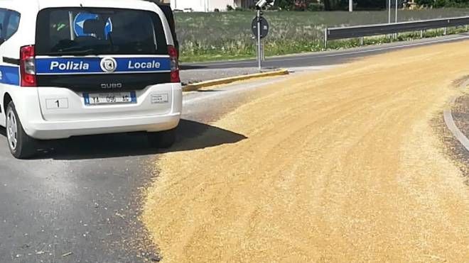 Camion perde quintali di grano